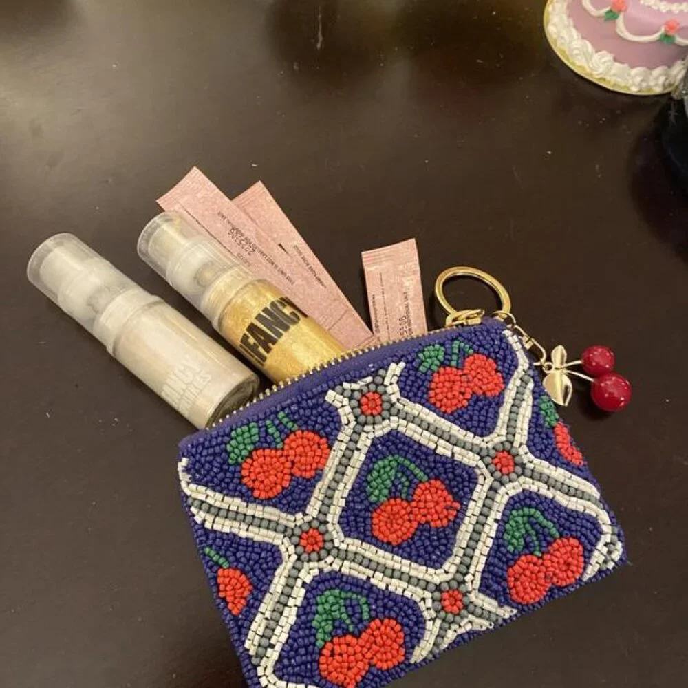 Anthropologie CHERRIES Beaded Coin Purse: Lucky Icons Edition blue red Gift Card